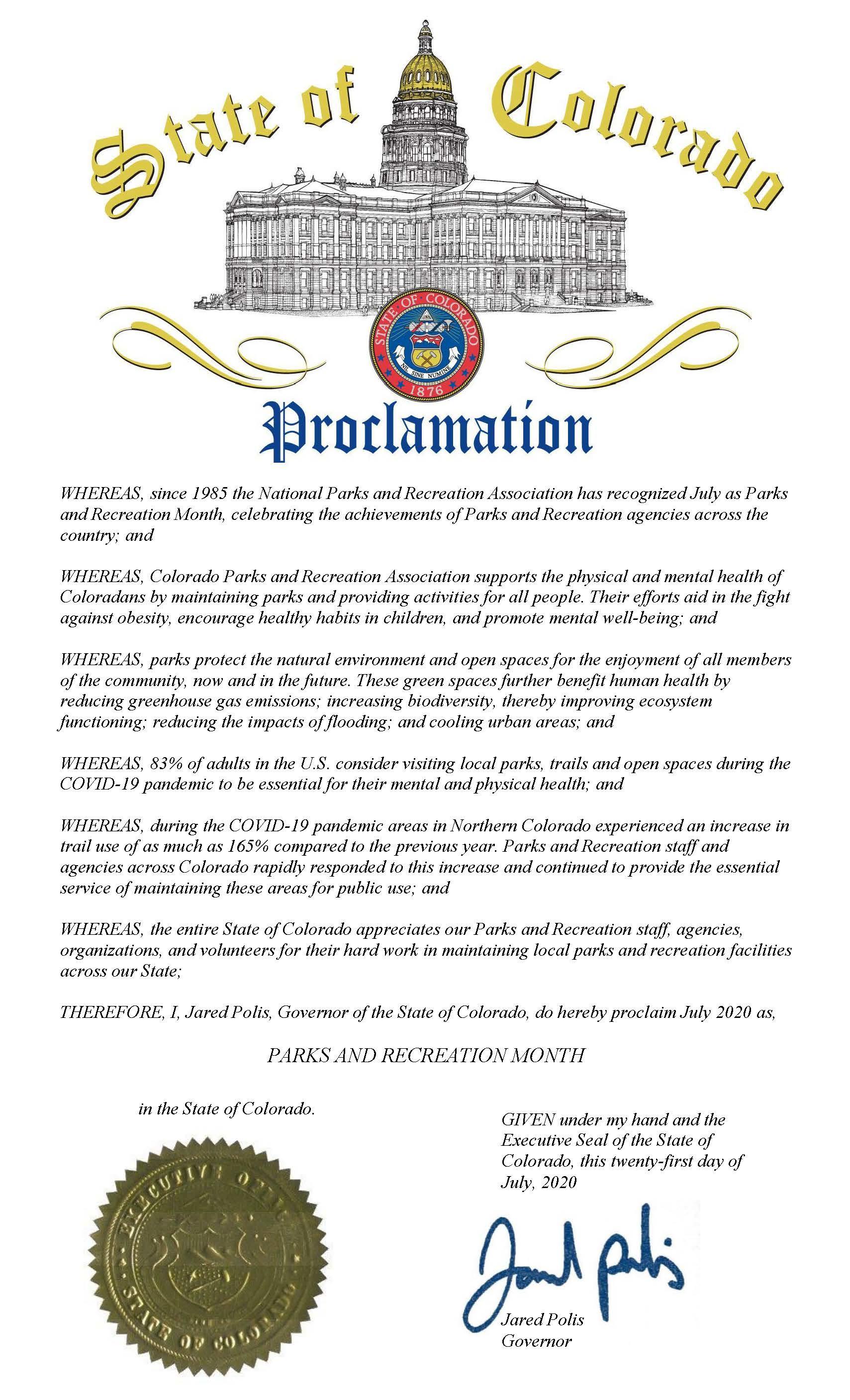Proclamation from Governor Polis on July being Parks and Recreation Month